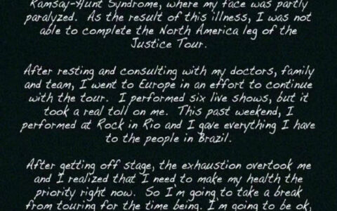 贾斯汀比伯巡回演唱会再取消 自曝病症对其健康影响巨大