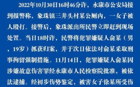 19岁嫌犯被批捕！浙江警方通报女子在公厕被殴打