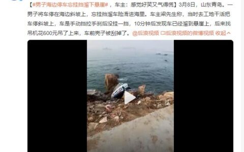 男子海边停车忘挂挡溜下悬崖：感觉好笑又气得慌