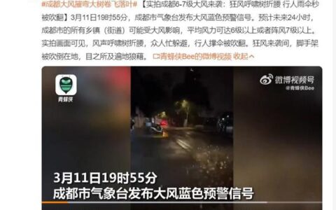 实拍成都6-7级大风来袭：狂风呼啸树折腰 行人雨伞秒被吹翻