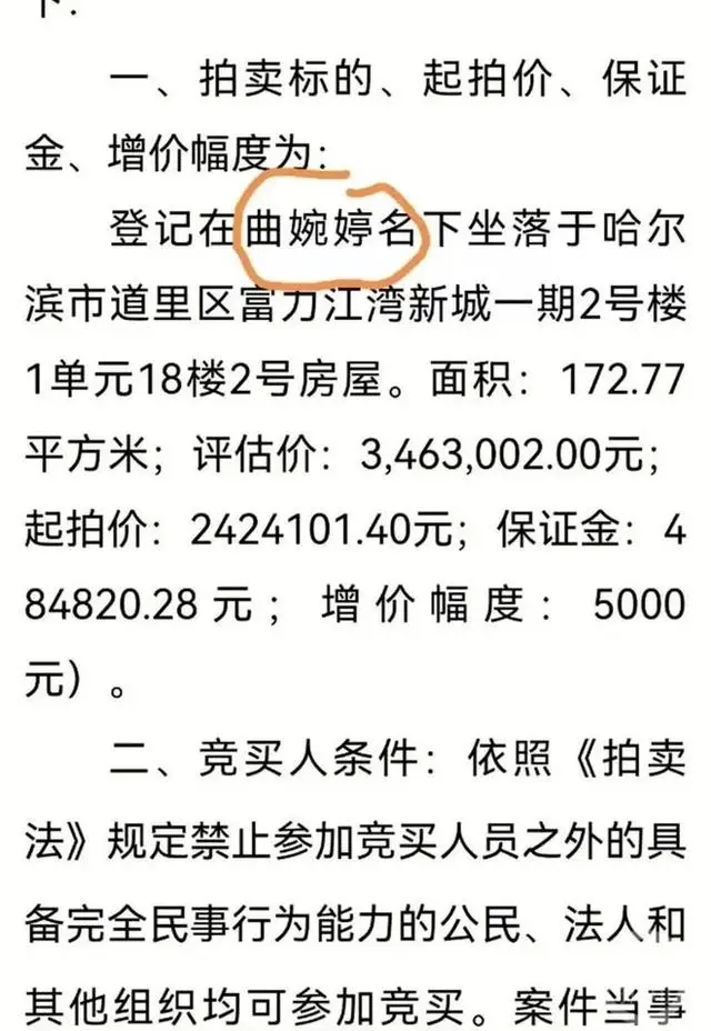 曲婉婷名下2套房产被法拍：起拍价共450万元，尚无人出价