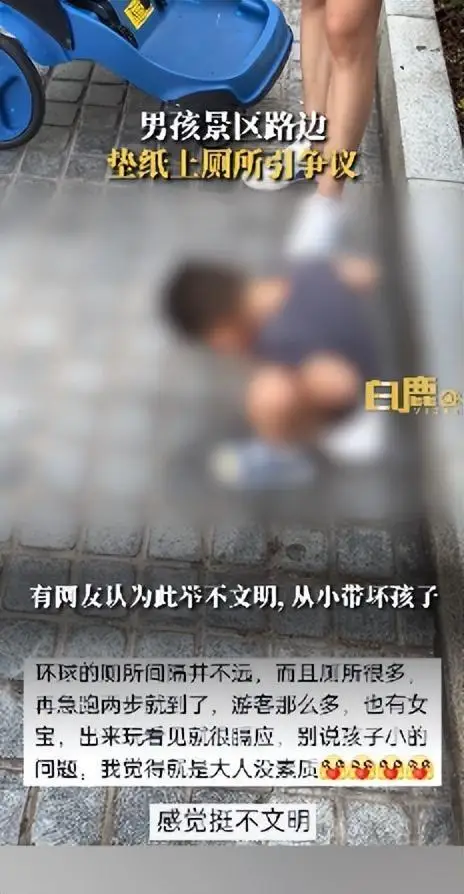 小男孩在北京环球影城室外垫纸上厕所引争议，景区工作人员回应：会反馈，游客如需找卫生间可以询问工作人员